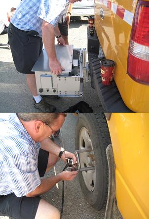 Installing the high-speed inertial profiler to measure pavement smoothness. Ensuring driver safety with new transportation technology