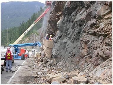 Spraying Shotcrete along Trans-Canada Highway in the Southern Interior