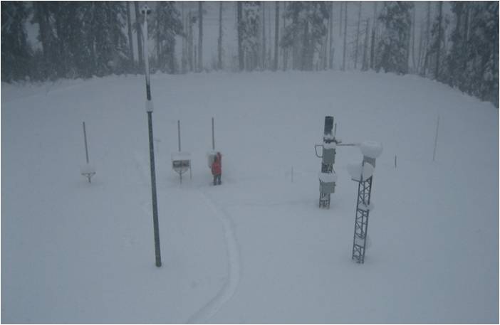 Coq Summit 2 Precipitation measurement tools in snow atop the Coquihalla