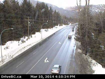 Hwy 99, in Whistler at Village Gate Blvd, looking north.