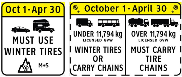 Regulatory winter tread signage from the Ministry of Transportation and Infrastructure for passenger and commercial vehicles