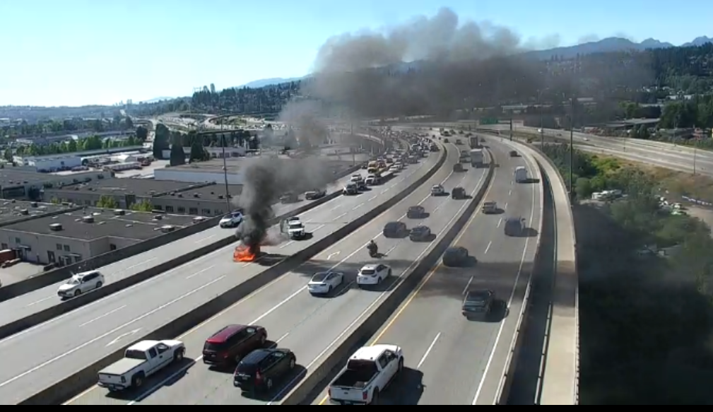 Car on fire on Port Mann Bridge