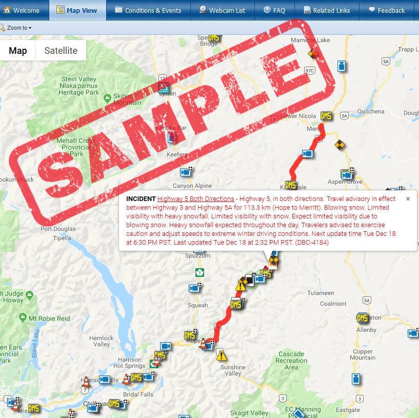 Map with posted travel advisory on DriveBC