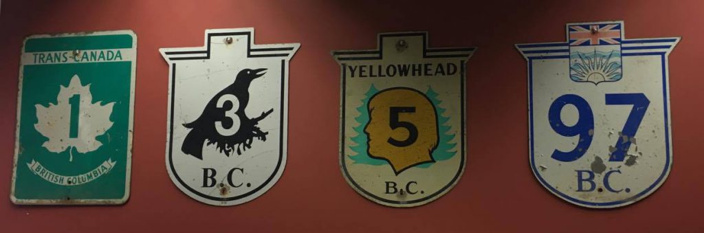 A collection of vintage highway number signs on display in the Ministry of Transportation and Infrastructures regional office in Kamloops. 