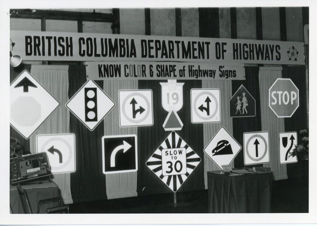 A selection of highway signage, produced by the Provincial Sign Shop, on display, circa 1965.