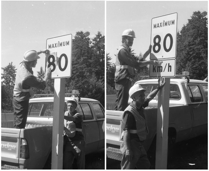 Staff add metric measurements to regulatory speed signage following the move to metric in 1978.