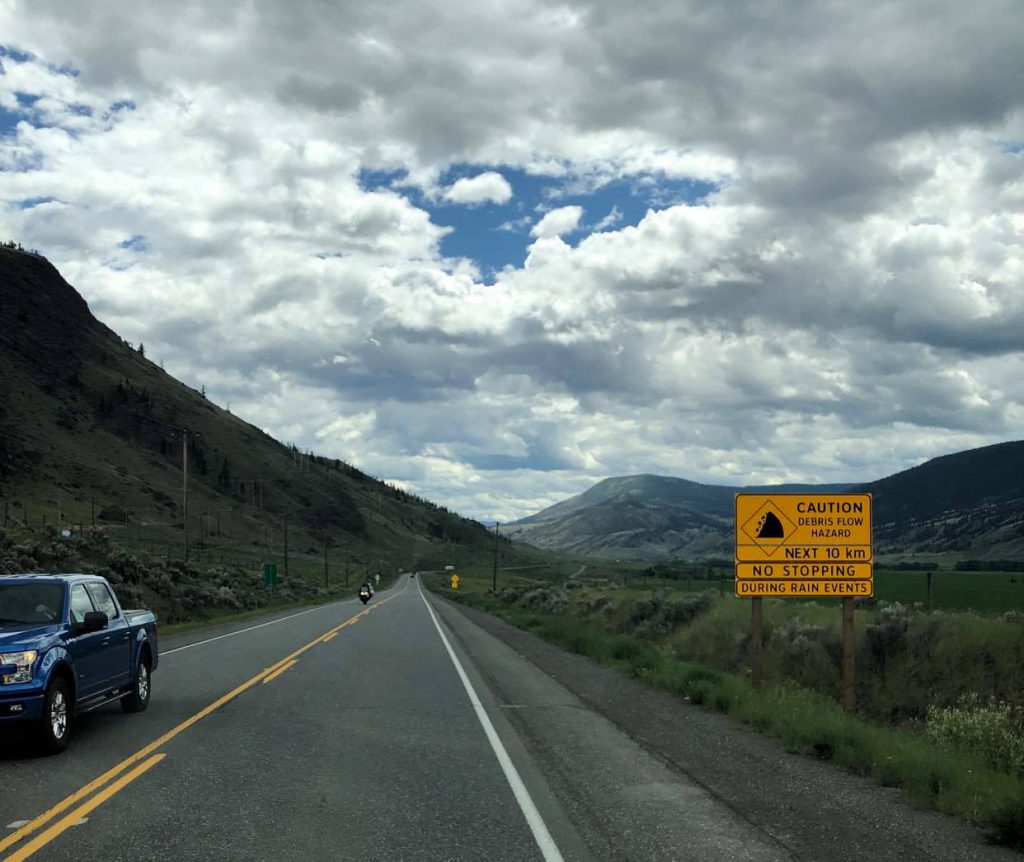 Debris Flow warning sign in the Elephant Hill area near Cache Creek.