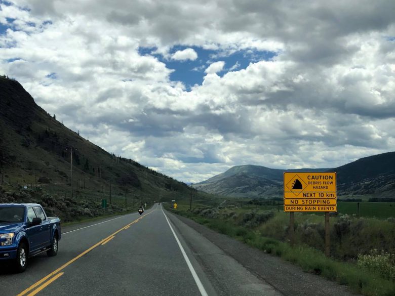 Debris Flow warning sign in the Elephant Hill area near Cache Creek.