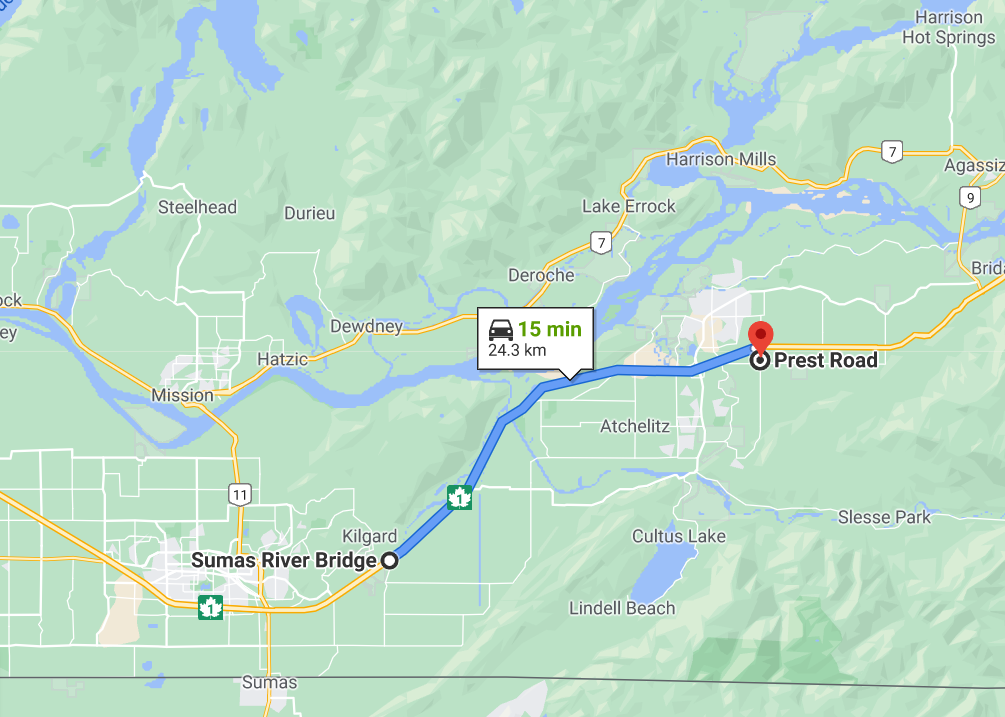 A map overview of the section of BC highway 1 which will be governed by a variable speed limit system. 