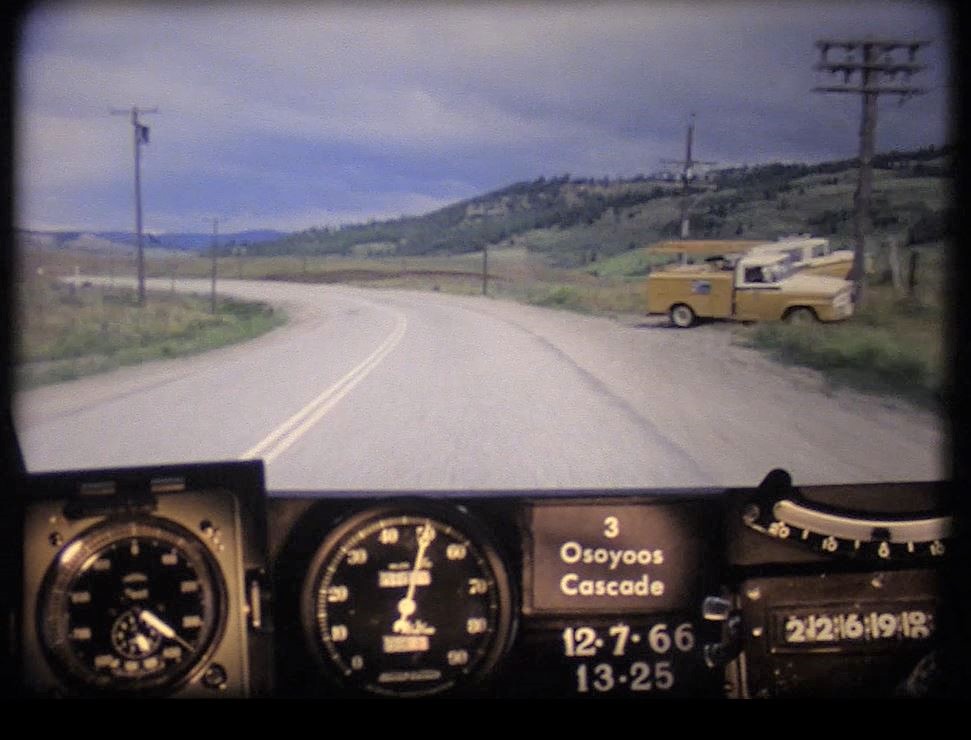 BC Tel (Telephone) trucks parked roadside, just outside of Osoyoos, circa 1966