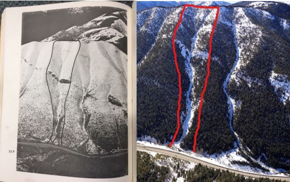 two images showing the same topography highlight the before and after impact of reforestation on the slopes of the mountains through the Big Burn area on BC highway 3, through Manning Provincial Park