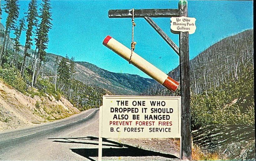 A gallows hanging a cigarrette over a sign reading, " The one who dropped it should also be hanged - prevent forest fires - BC Forest Service"