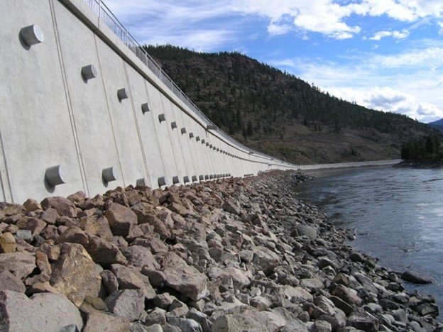 Concrete retaining wall along the Thompson River in the Cariboo region