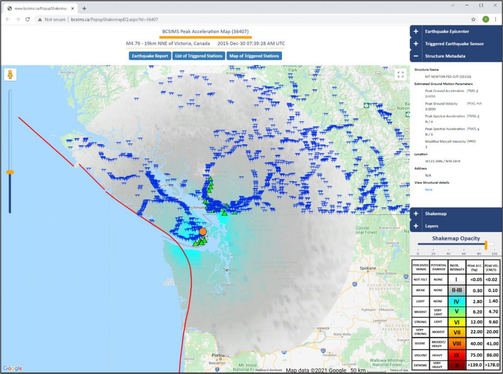 A sample image of a shake map image generated by BC SIMS following a magnitude 4.7 earthquake. The green triangles represent triggered sensor stations and the overlay of blue bridges represent bridge infrastructure.
