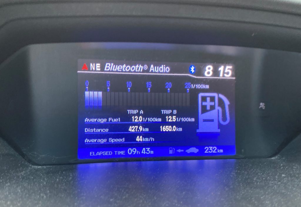 vehicle display showing fuel consumption