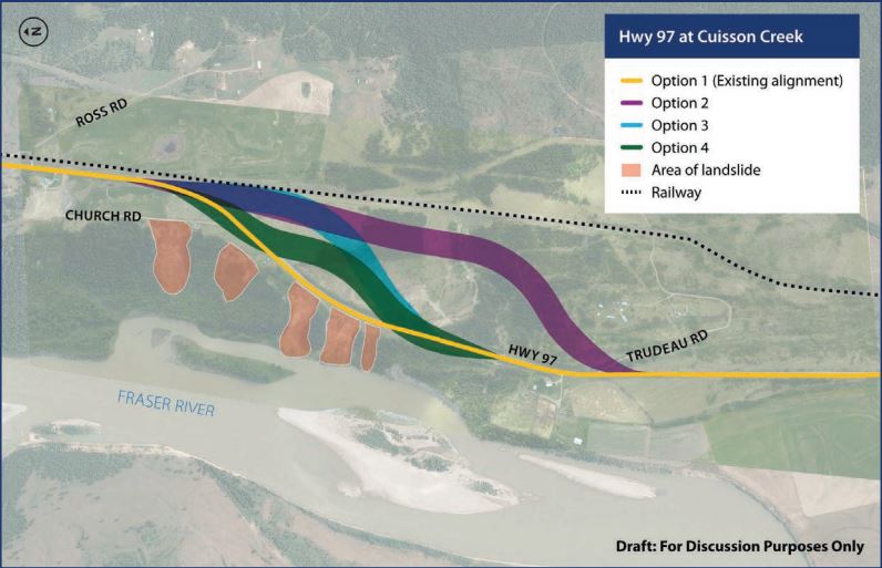 Preliminary road options being considered along Highway 97, at Cuisson Creek, where there are five slides (shown in peach).