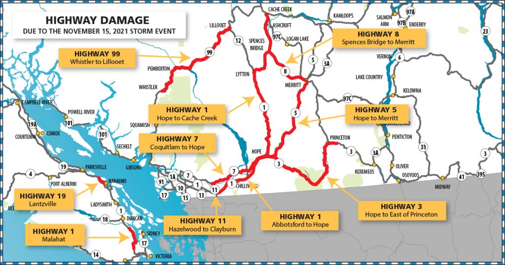 Map highlighting impacted highways following the November 2021 flood event.