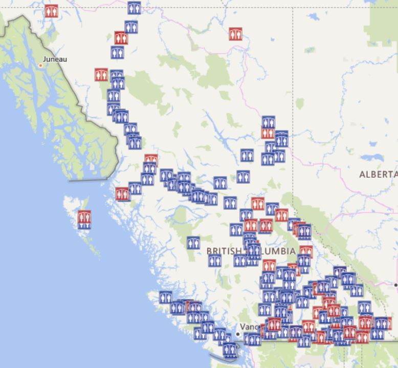 Blue icons on the BC Rest Area Map indicate those that accommodate large vehicles.